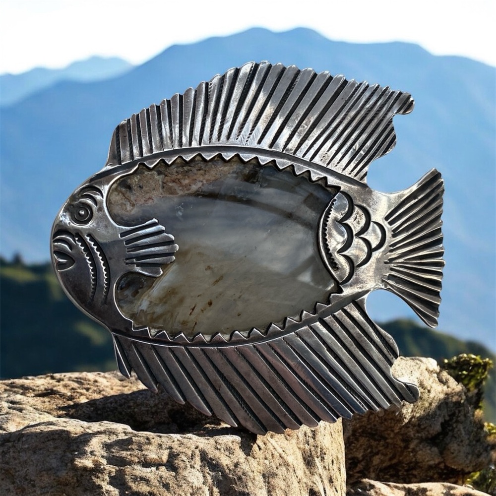 Elegant Silver And Stone Fish Brooch